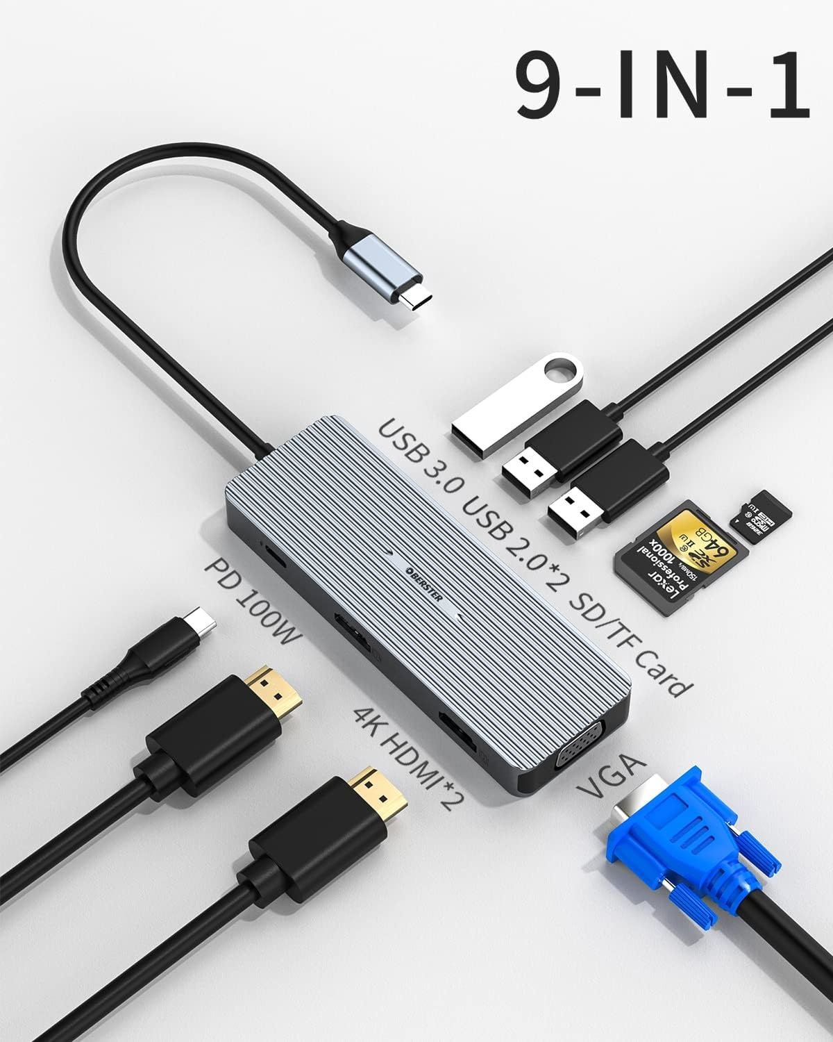 Selados! Hub USB C 2 HDMI Docking Station, de ecrã triplo 9 em 1