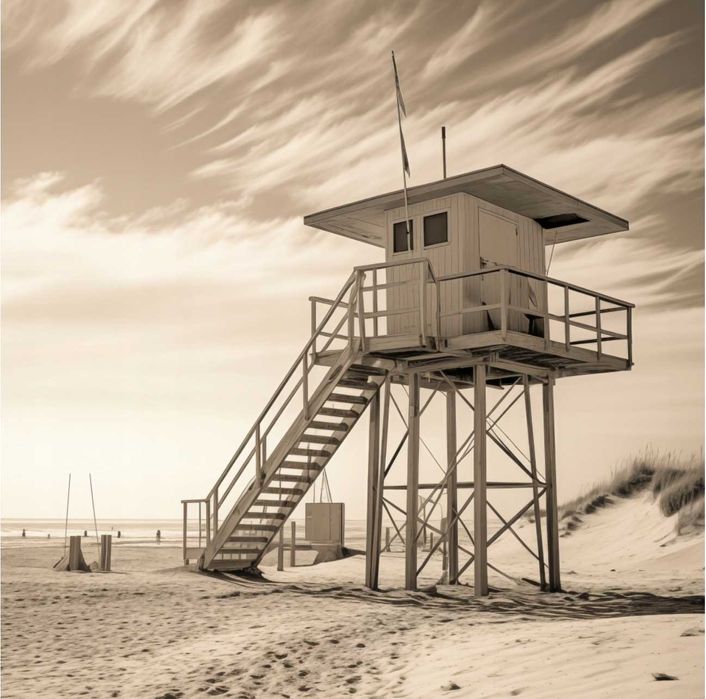Plakat 20x20 Strażnik Wydm | Morze Krajobraz Sepia Woda Plaża Ratownik