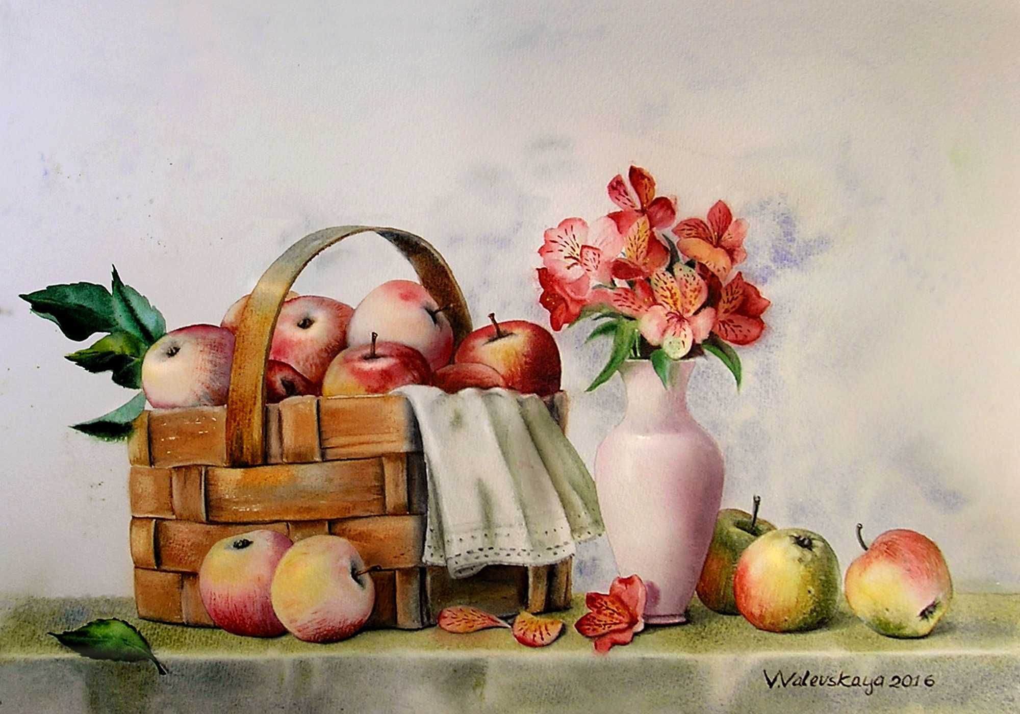 Акварельная картина "Яблоки в натюрморте"
