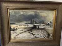 engelbert bytomski obraz malowany na plotnie pejzaz zima prl vintage