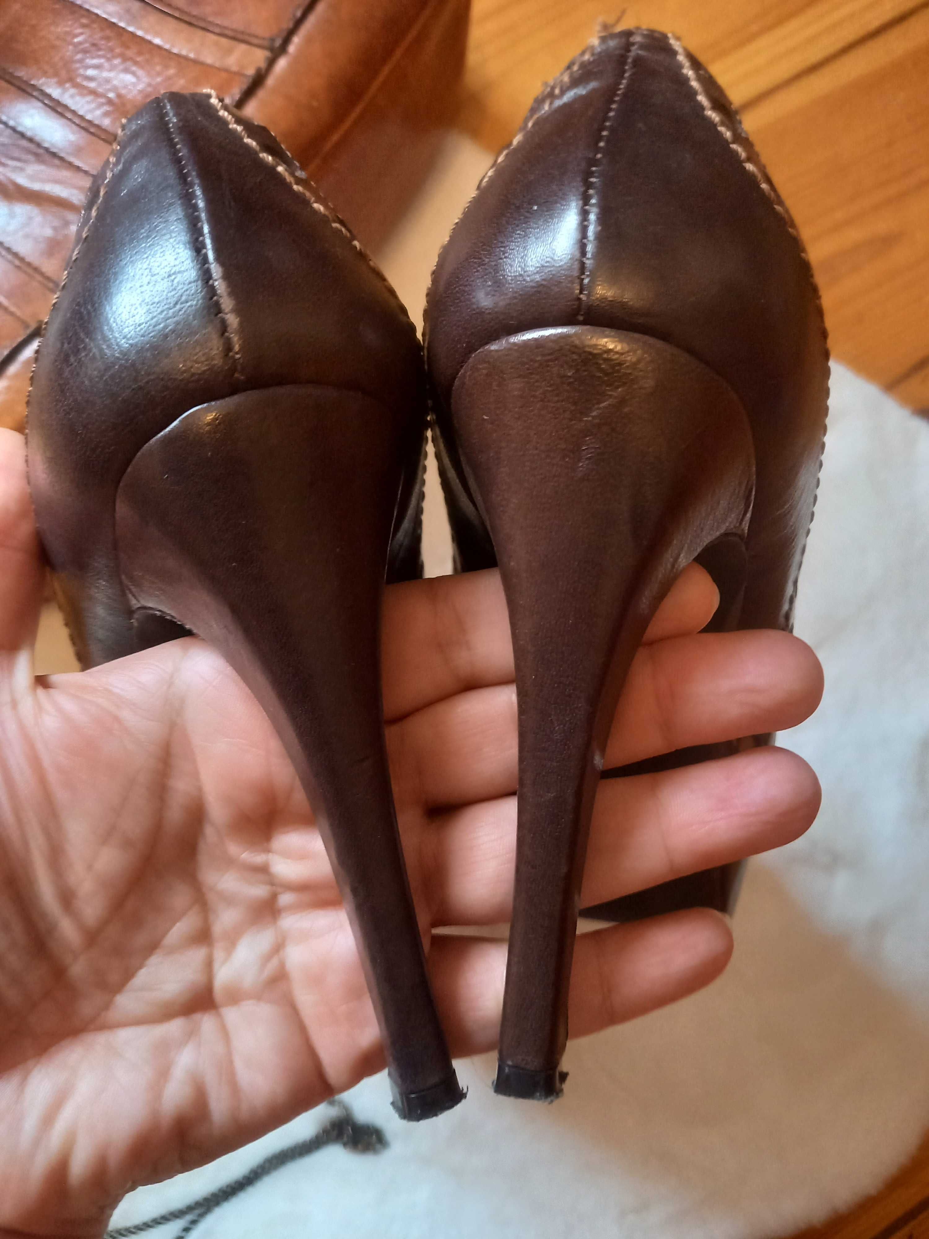 Skórzane szpilki, buty na obcasie, czułenka, Venezia, brąz, r. 38