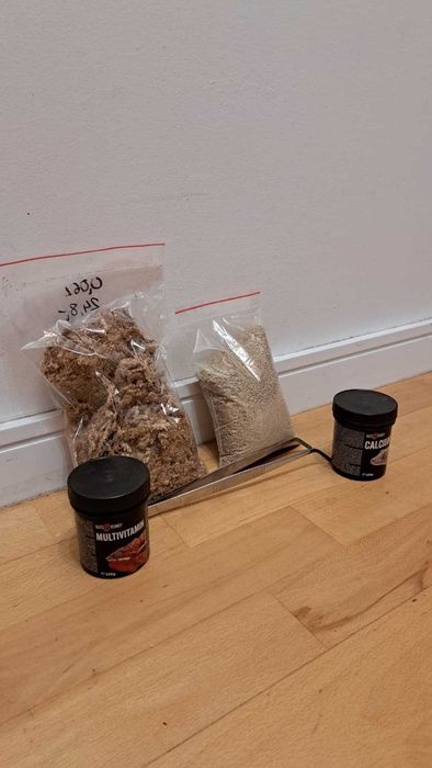 Zestaw akcesoriów po gekonie – suplementy, podłoże, pinceta