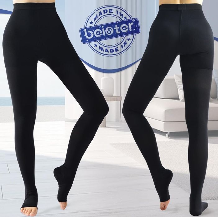 Medyczne rajstopy uciskowe z odkrytymi palcami.