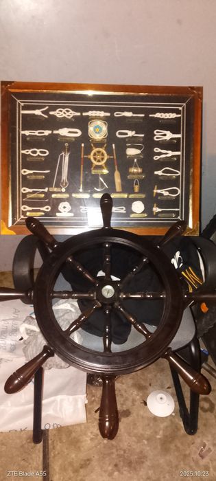 Decoração Náutica — Timão de Navio + Quadro com Nós Marítimos