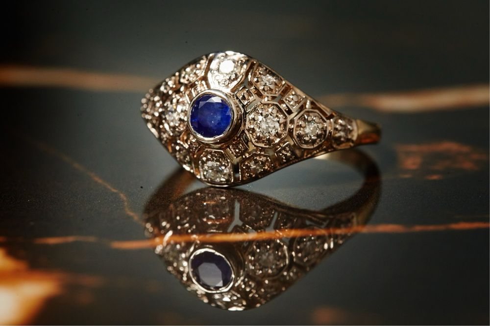 Pierścionek złoty 585 szafir naturalny 0,44 ct diamenty 0.32 ct