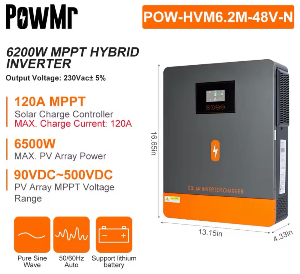 Новий Гібридний інвертор 6200 ватт + Wifi модуль+ BMS, Чиста синусоіда