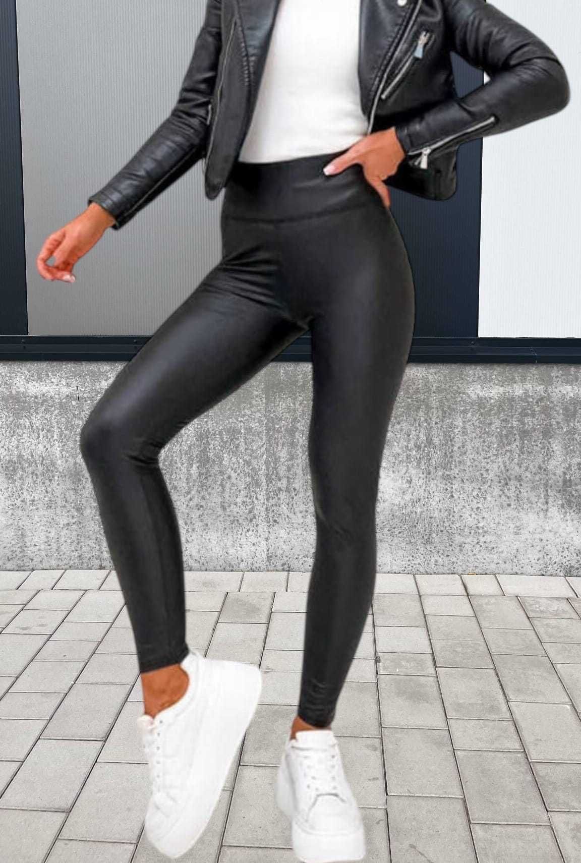 Ocieplane legginsy damskie z eko skóry z wysokim stanem -czarne XL/XXL