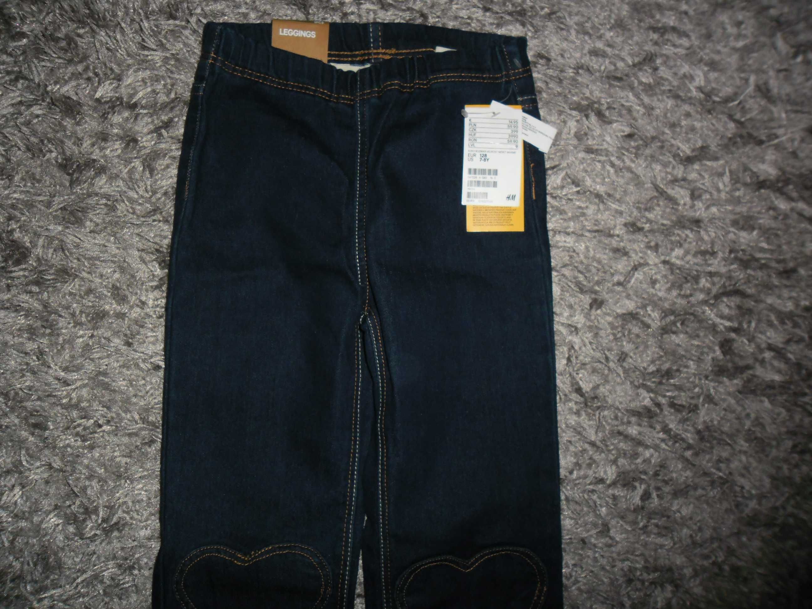 h&m treginsy dzinsowe z sercami na kolankach 128 nowe z metka