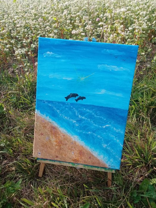 Obraz ręcznie malowany morze z delfinami