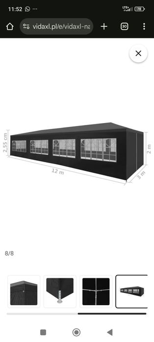 vidaXL Nowy Namiot imprezowy, 3 x 12 m, antracytowy