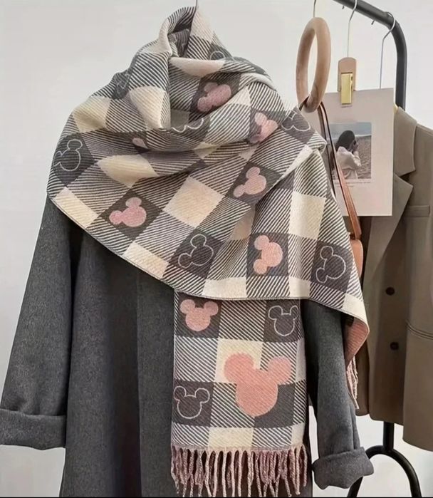 Ciepły dwustronny szalik szal chusta z frędzlami kratka miś miki tous