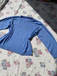 Niebieski sweter sweterek babciny L 40 z haftem kwiatki vintage