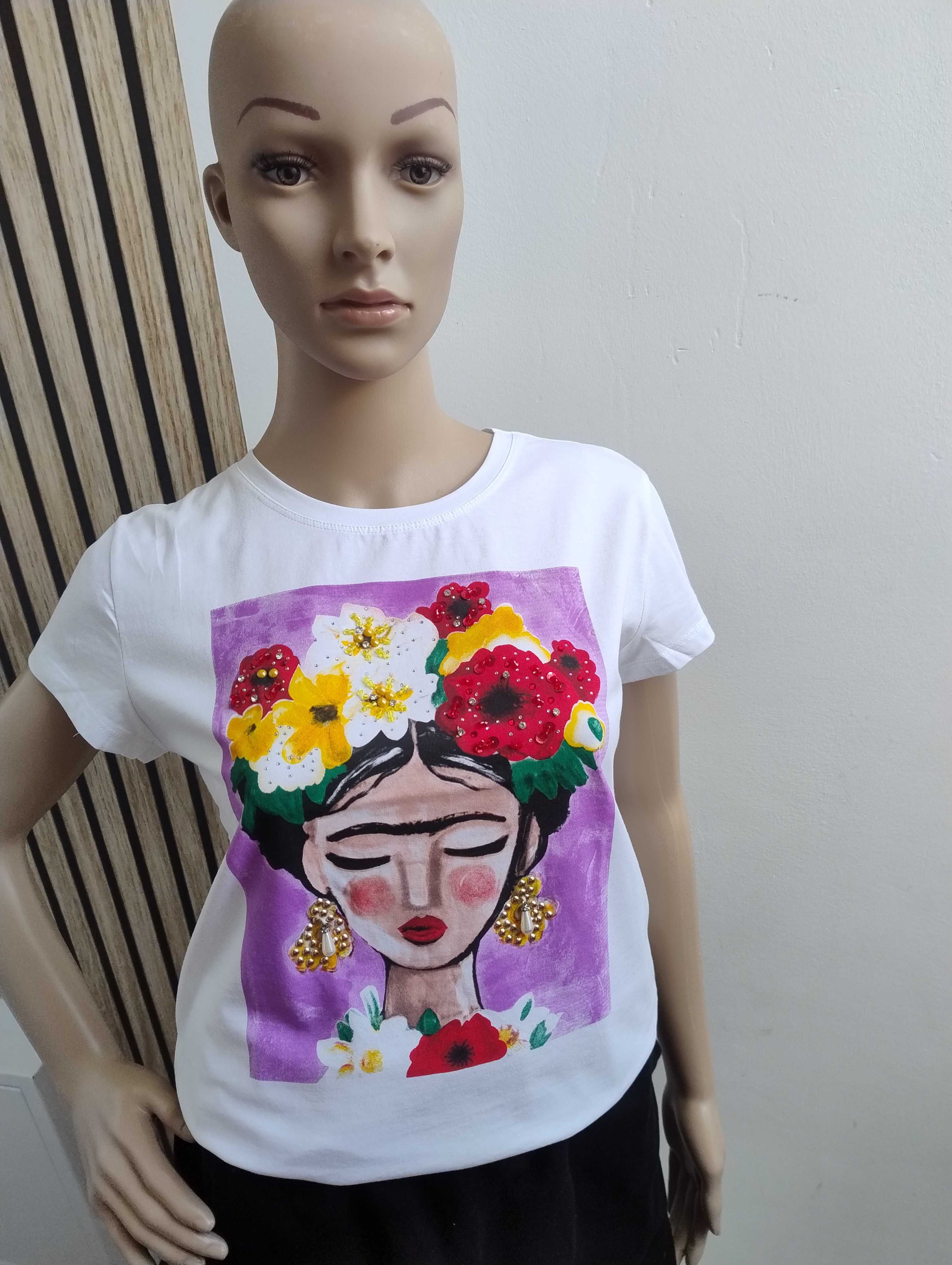 T-shirt kobieta z kwiatami Biały z fioletem S/M PS