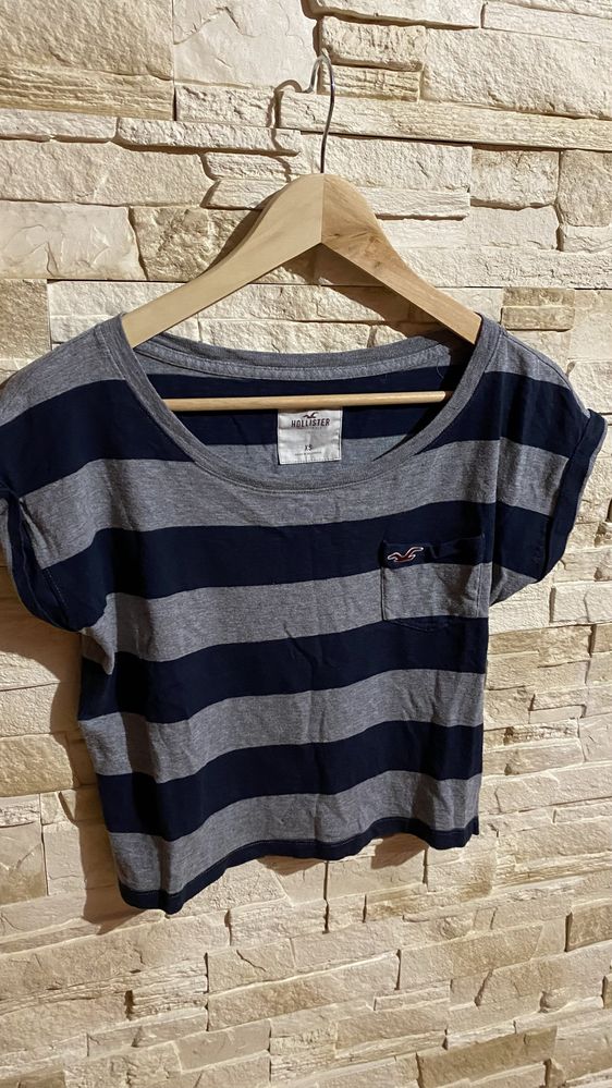 T-shirt Hollister XS top damski krótki stan bawełna szaro-granatowy