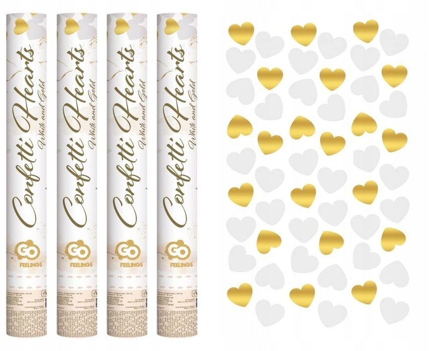 4× KONFETTI strzelająca tuba BIAŁE ZŁOTE SERCA 40cm