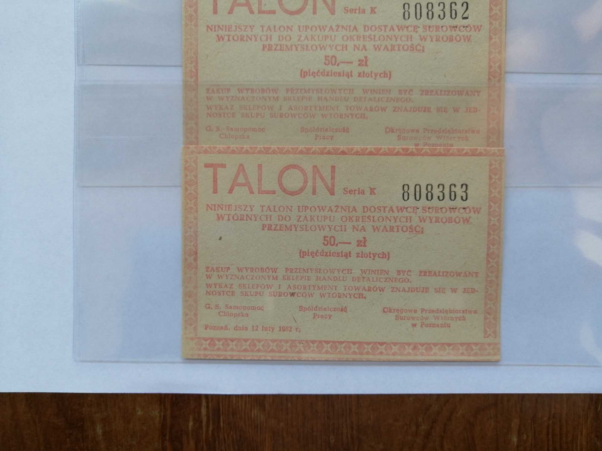 Talon za makulaturę PRL 50 zł , seria 3 szt. 1982 rok.