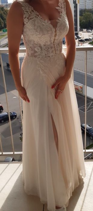 Suknia ślubna śmietankowa + tiul brzoskwinka sukienka szyta na miarę