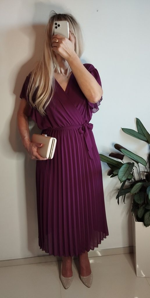 Sukienka 2xl 44 wesele chrzciny wieczorowa plisowana elegancka midi