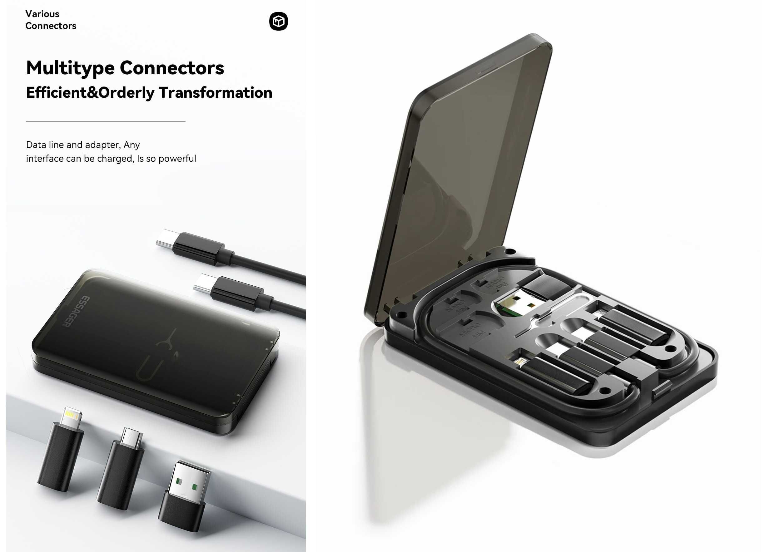 Essager 4in1 органайзер для SIM карт, кабелів USB / Type С / Lightning