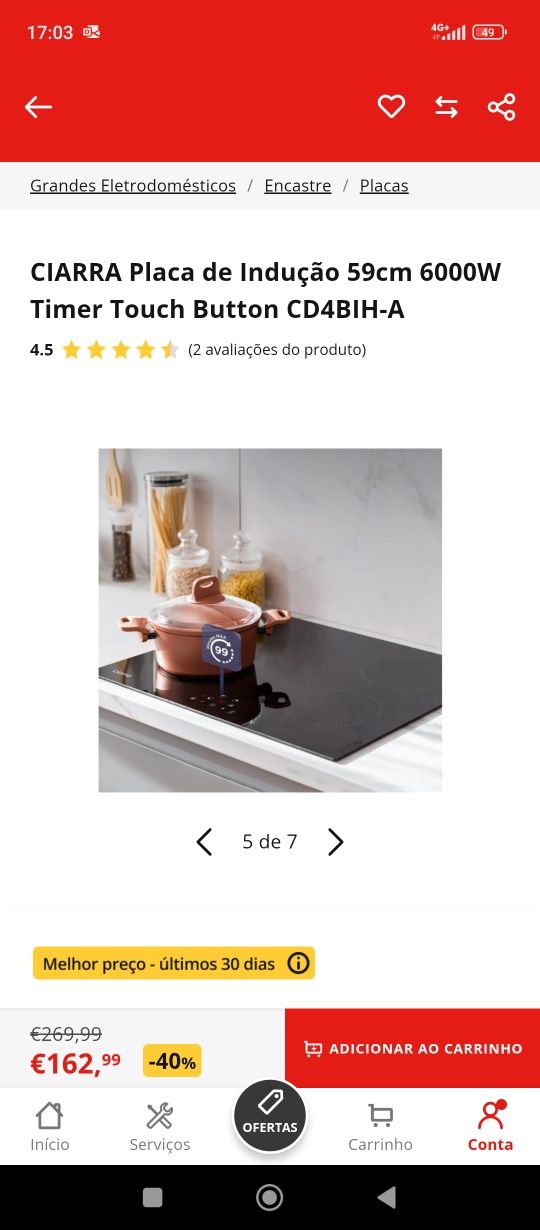 CIARRA Placa de Indução 59cm 6000W Timer Touch Button CD4BIH-A