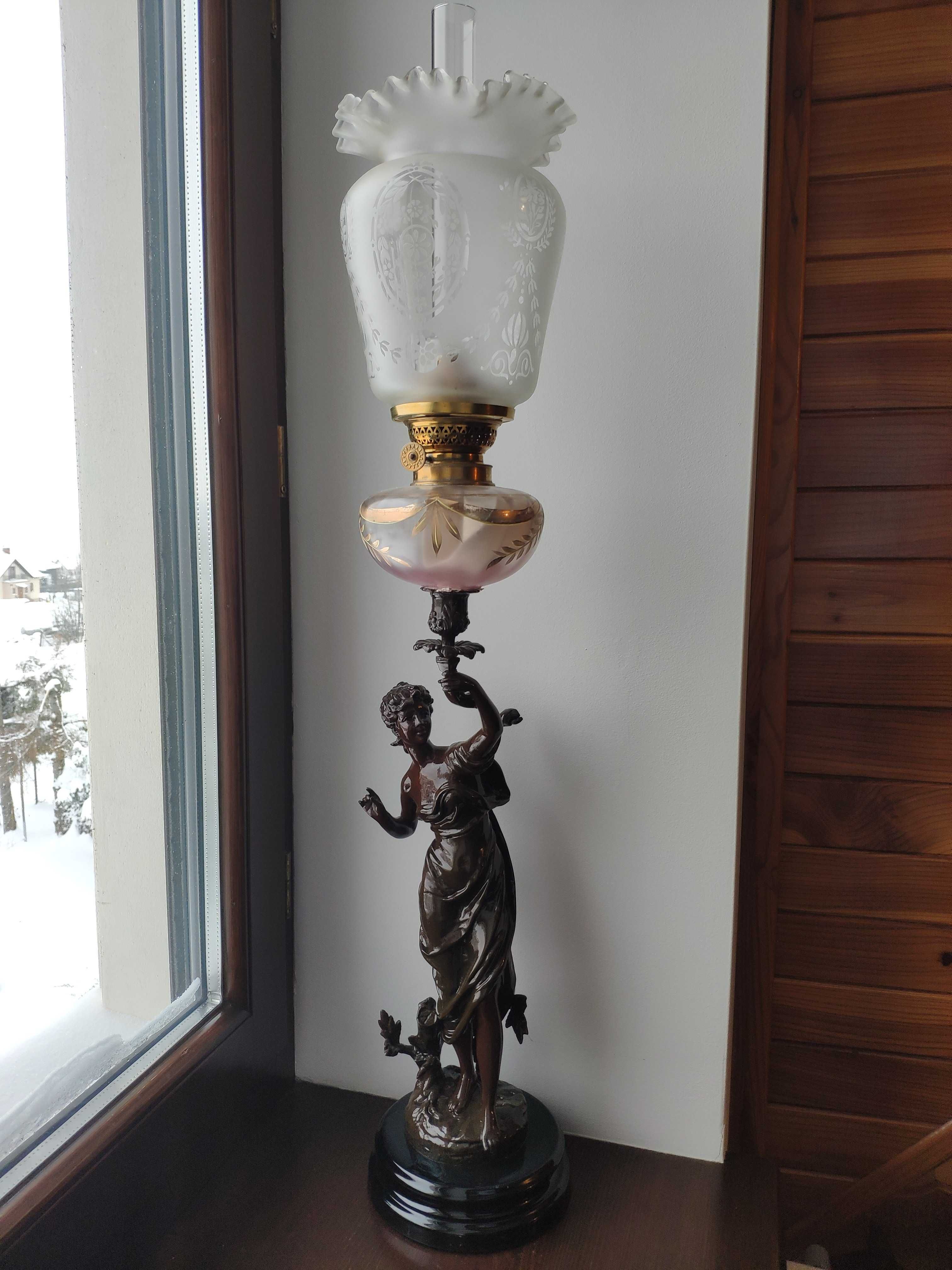 Figuralna sygnowana stara emaliowana lampa naftowa n8
