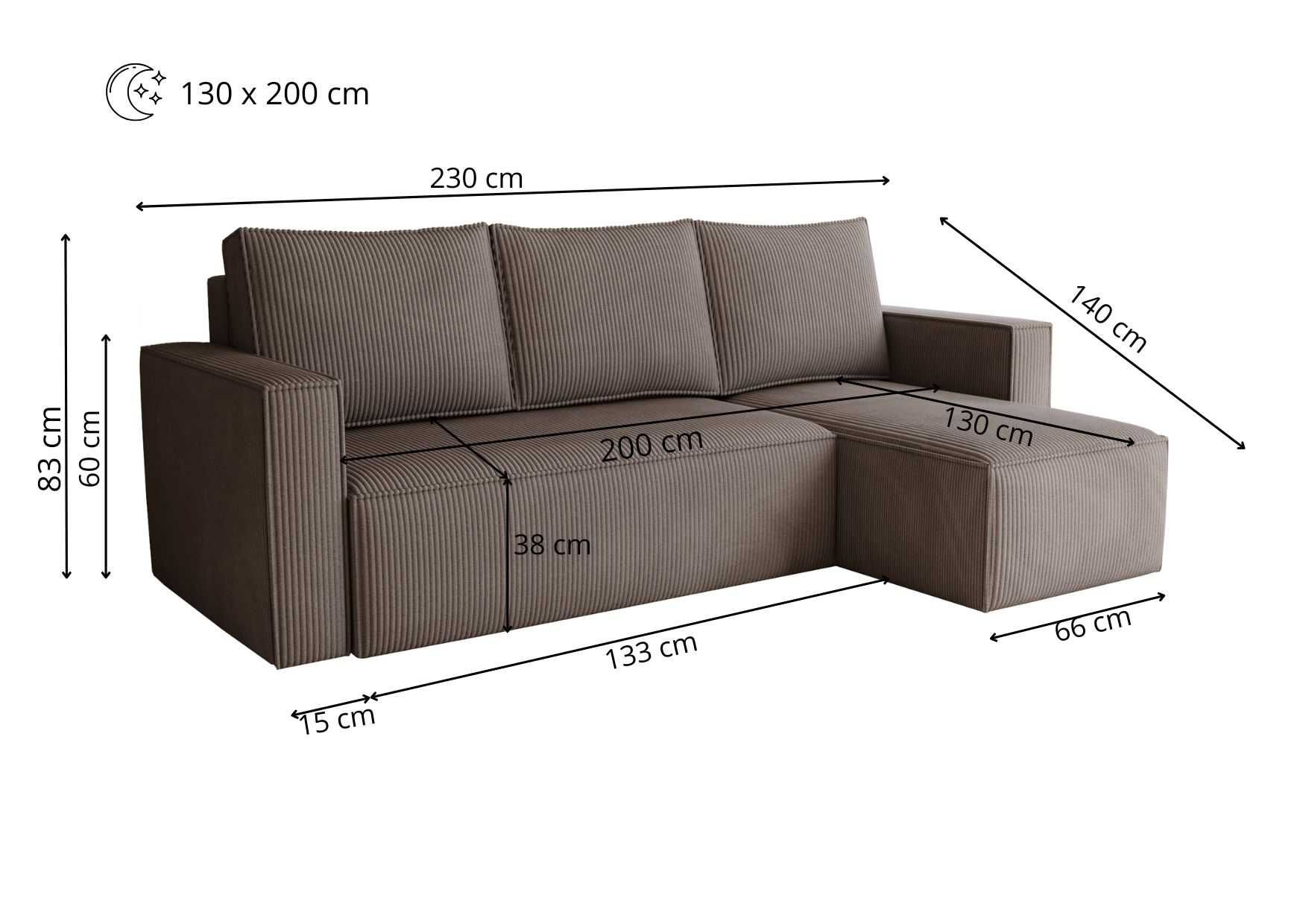 Narożnik kanapa NOYO 230 cm funkcja spania rogówka pojemnik bonell