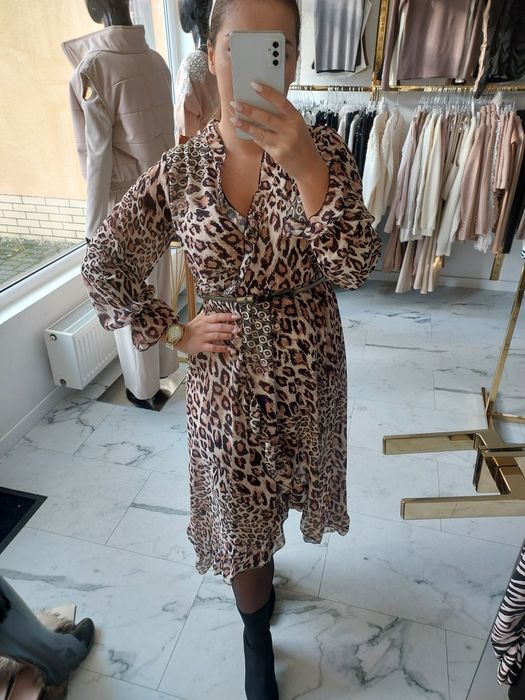 Długa sukienka 36 panterka asymetryczna