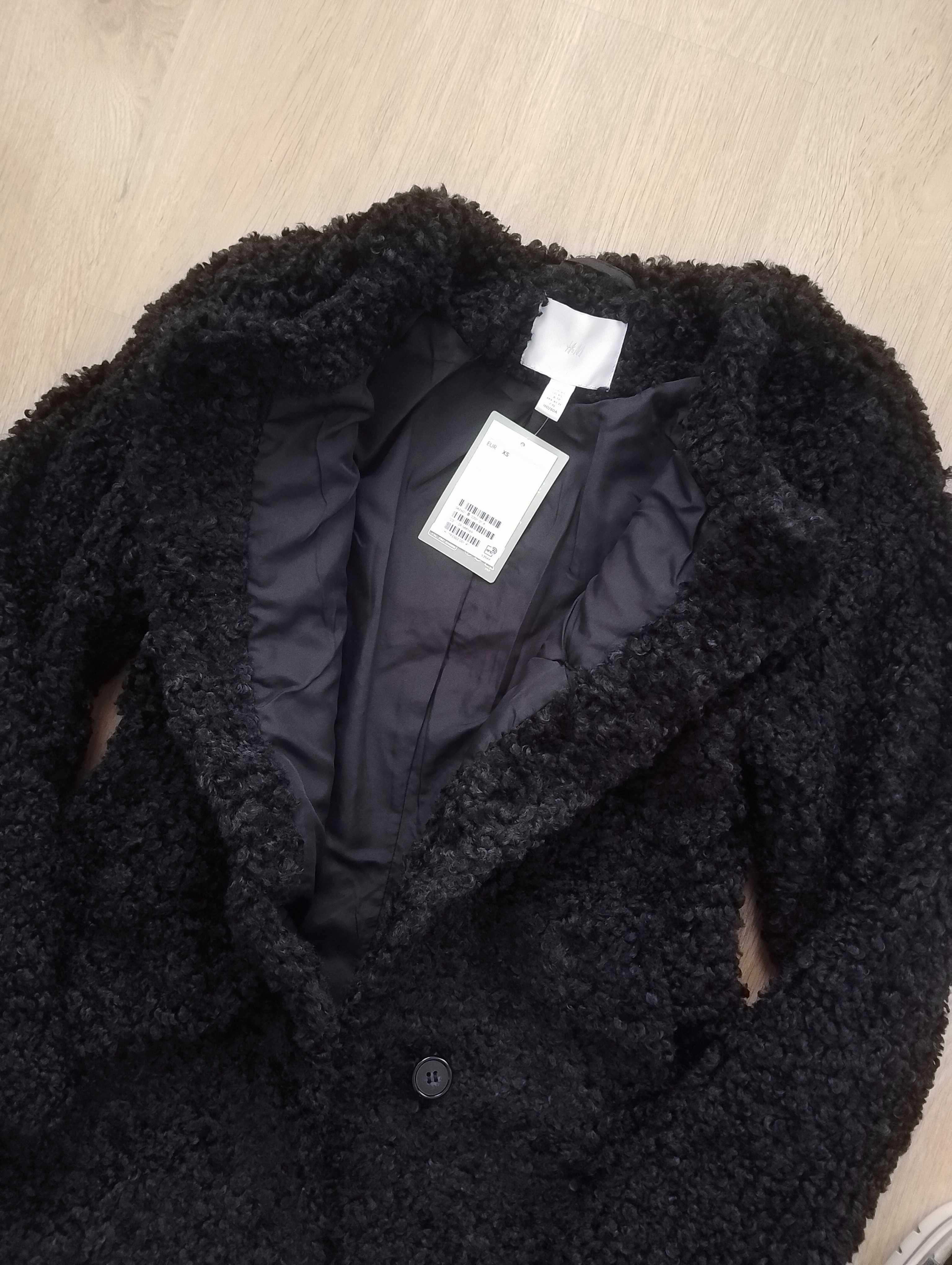 H&M czarne futerko kurtka płaszcz miś baranek misiek 34 XS