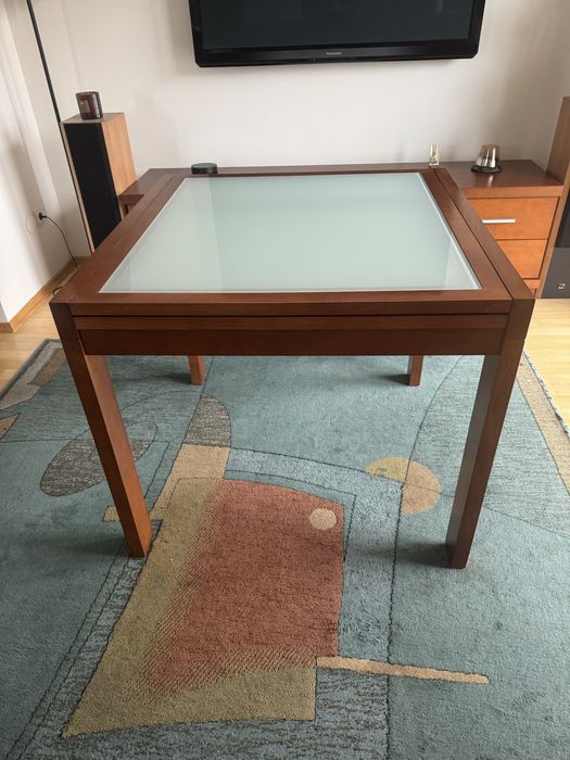 Stół kwadratowy, drewniano-szklany rozkładany