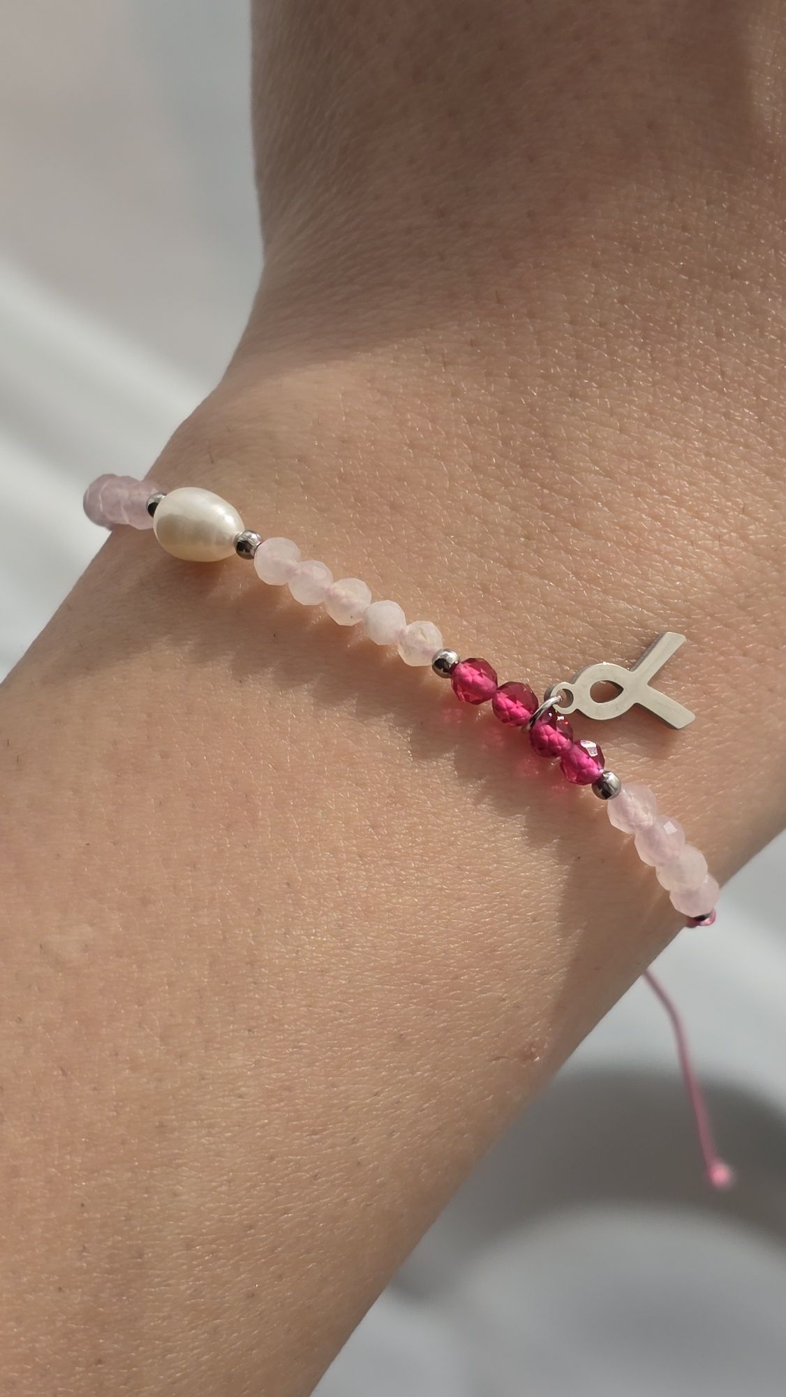 Bransoletka handmade - spinel, kwarc różowy, kamień księżycowy
