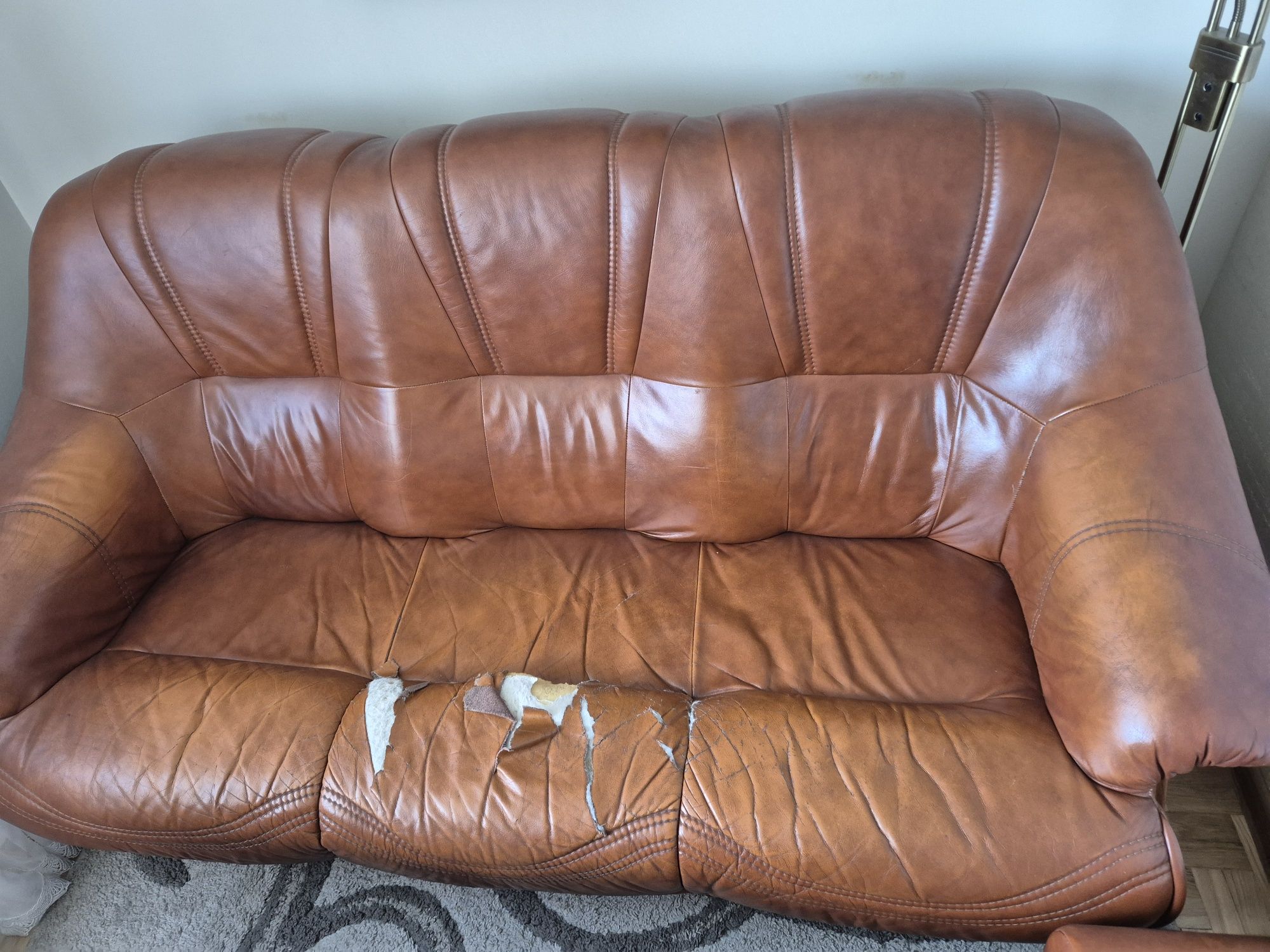 Skórzana sofa/kanapa, fotel i podnóżek