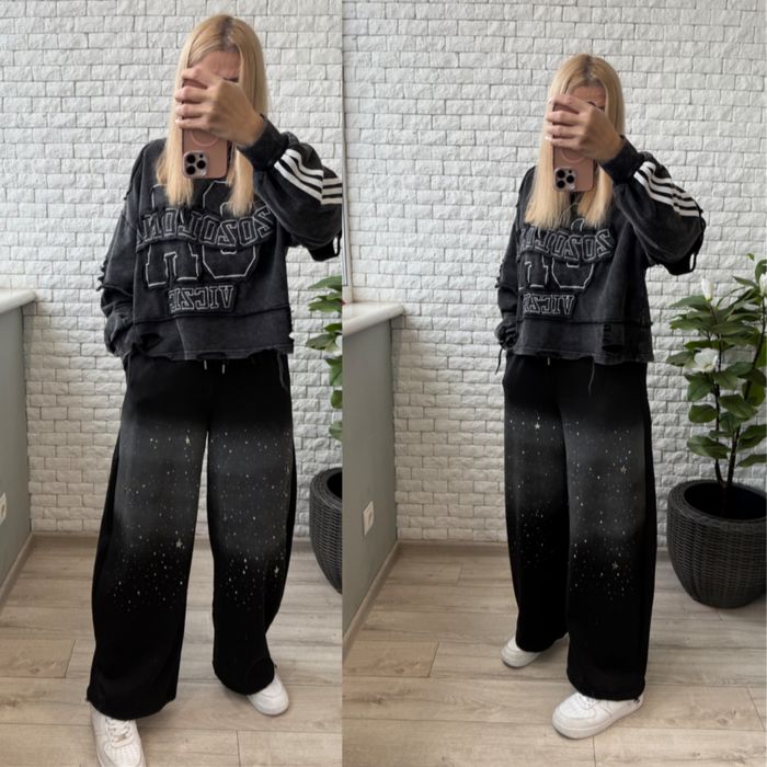 Теплі жіночі широкі штани зі стразами. Утеплені широкі штани на велюрі