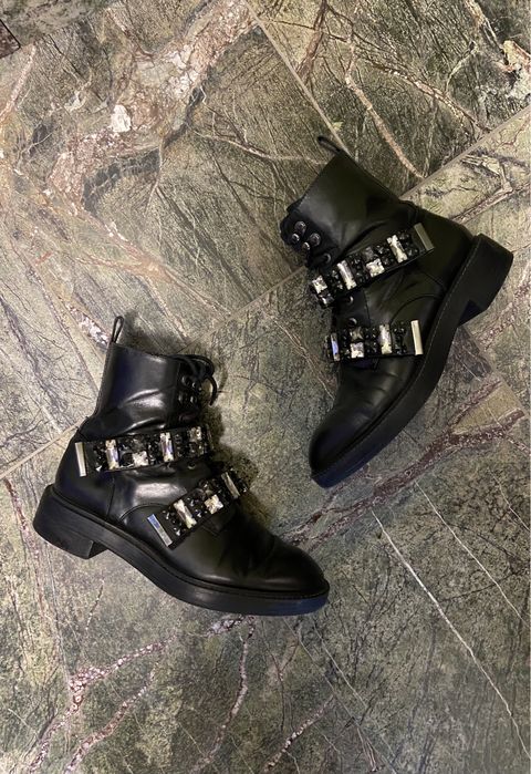 Czarne skórzane wiązane botki z diamentami Zara 37 zdobienie