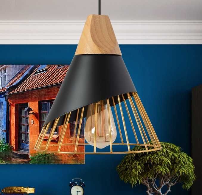 LAMPA SUFITOWA WISZĄCA skandynawska metal drewno czarna APP223