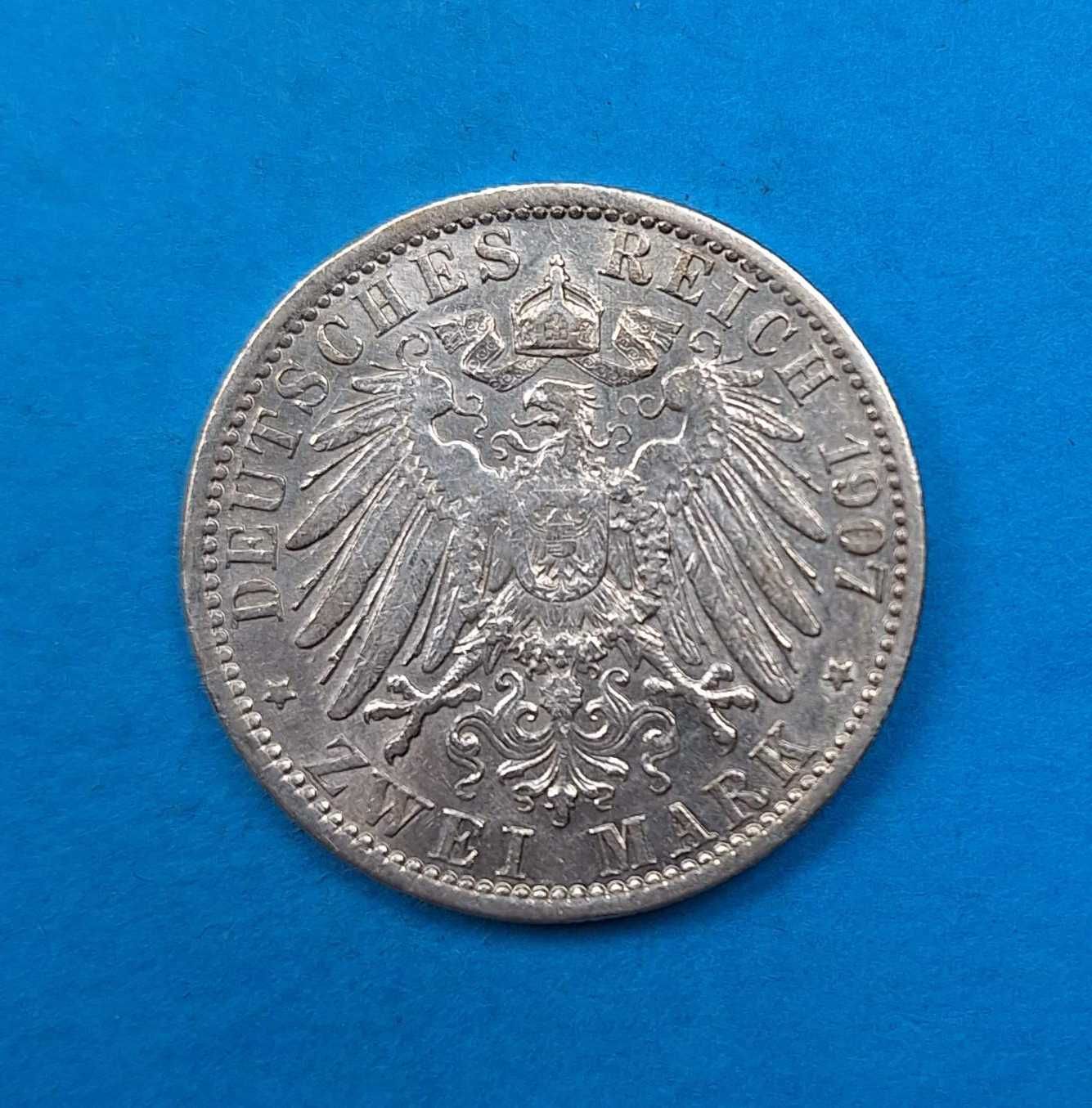 Niemcy Cesarstwo, Prusy 2 marki 1907, Wilhelm II, bdb stan, Ag 0,900