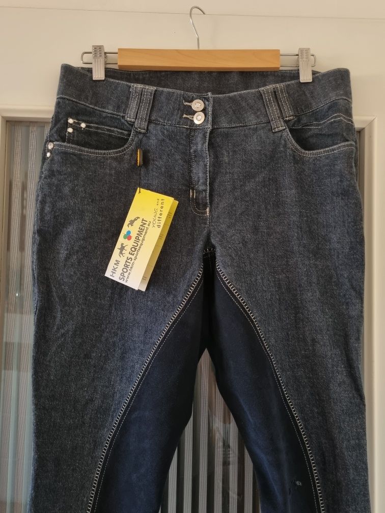 NOWE HKM spodnie do jazdy konnej bryczesy jeździecki denim pełny lej