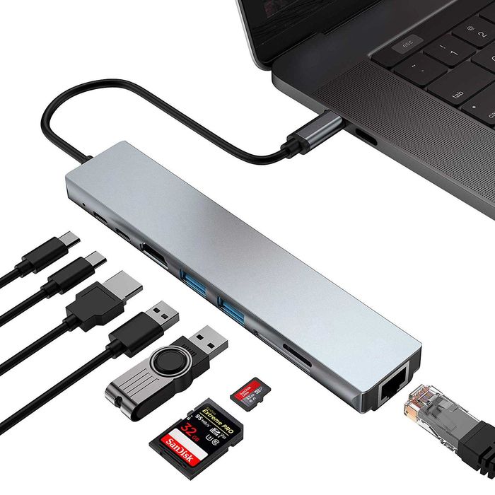 HUB Adapter USB-C 8w1 – Aluminium HDMI , RJ45, USB-C, Stacja dokująca