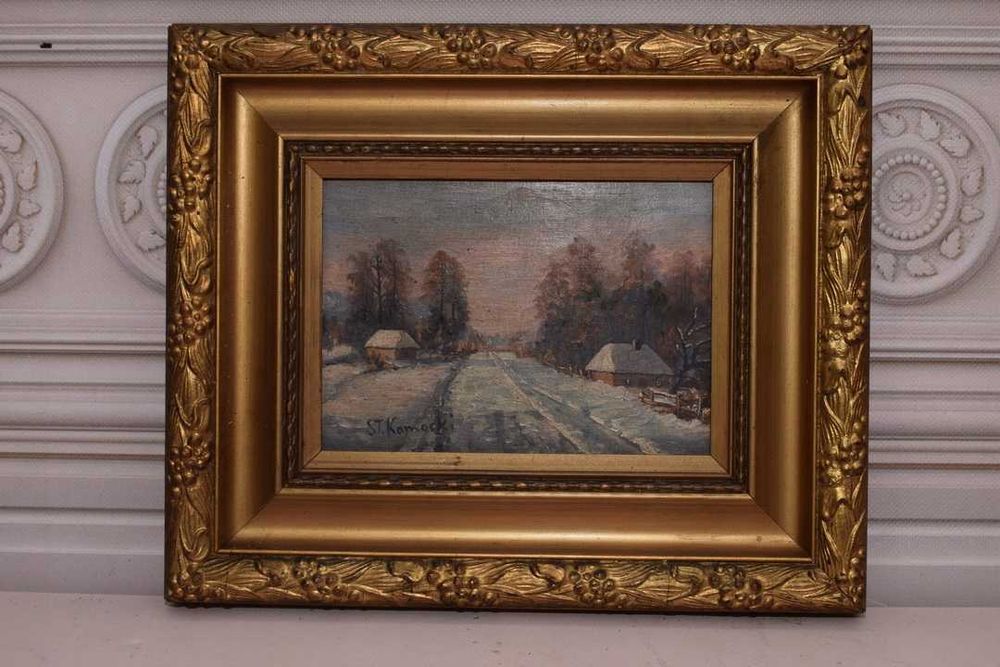 ST Kamocki - Pejzaż Polskiej Wsi Wiejska Chata - Stary Obraz na Drewni