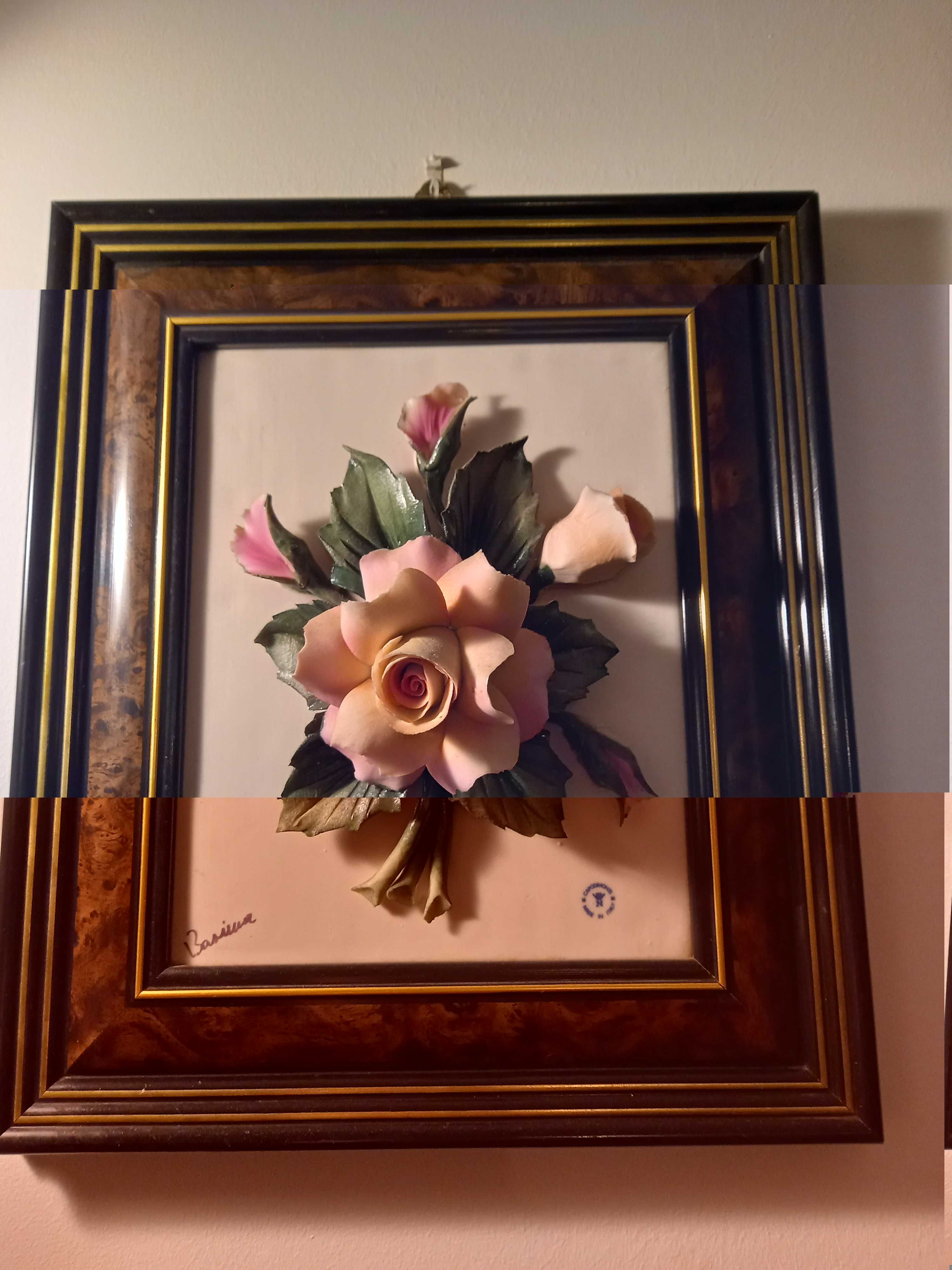 Quadros com rosas e pássaros em porcelana artesanal