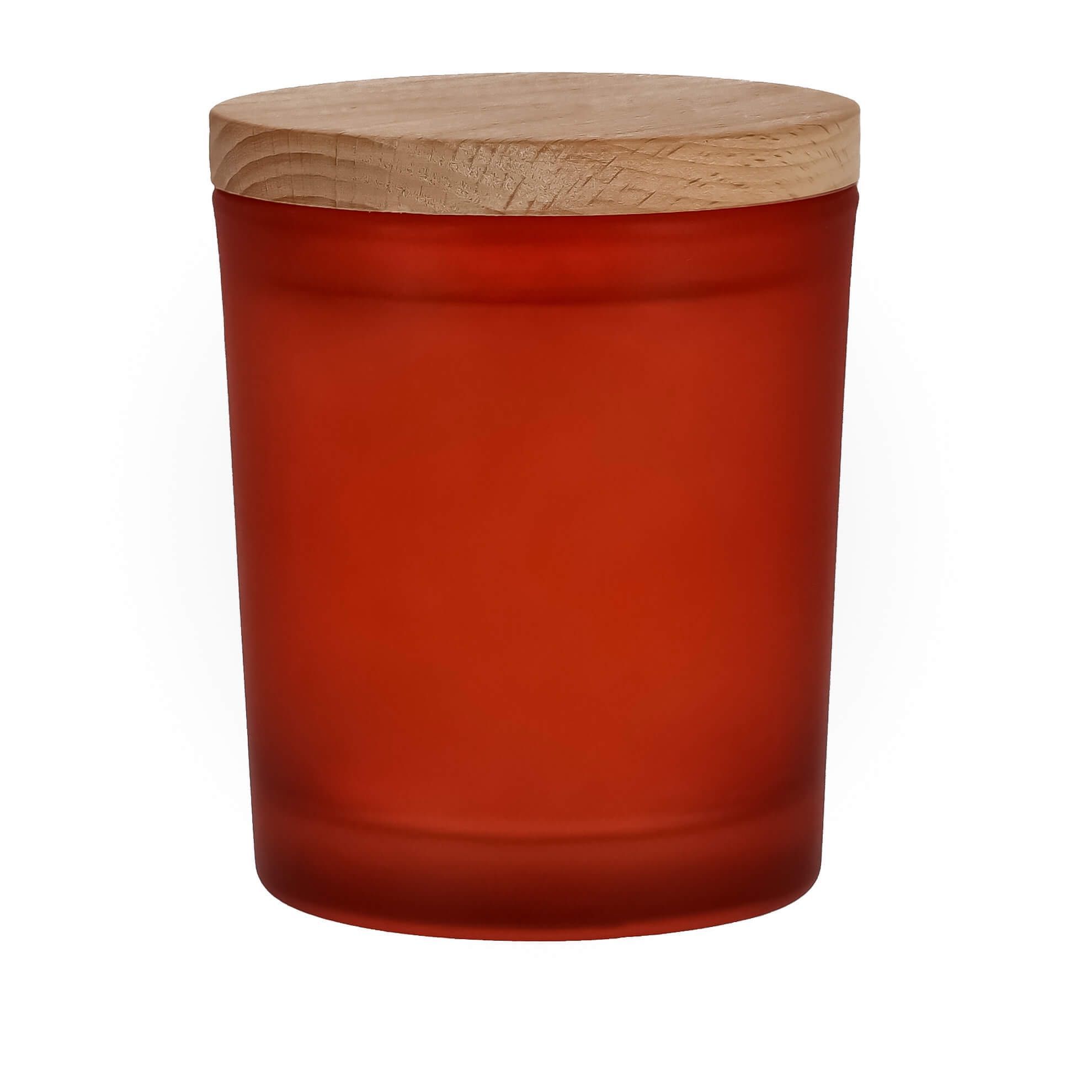 Pojemnik szklany do świec czerwony z pokrywką drewnianą 245ml