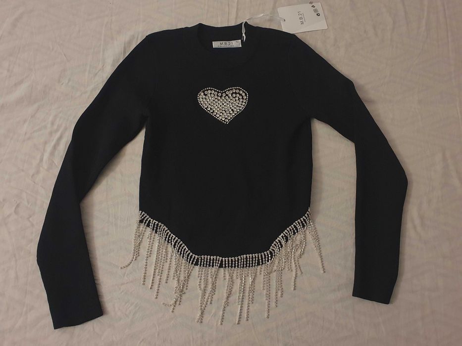 NOWA damska bluzka serce bb sweter cekiny kamyczki fredzle S M
