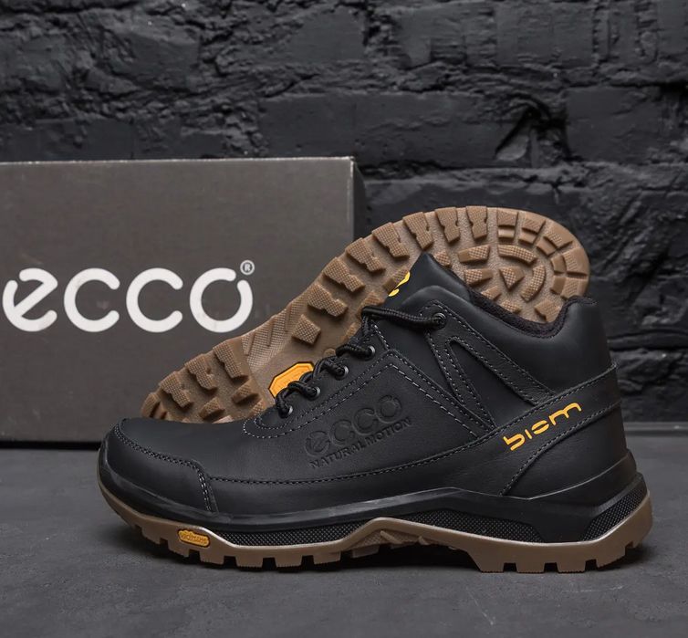 Чоловічі зимові черевики ecco, теплі шкіряні чорні ботінки на зиму