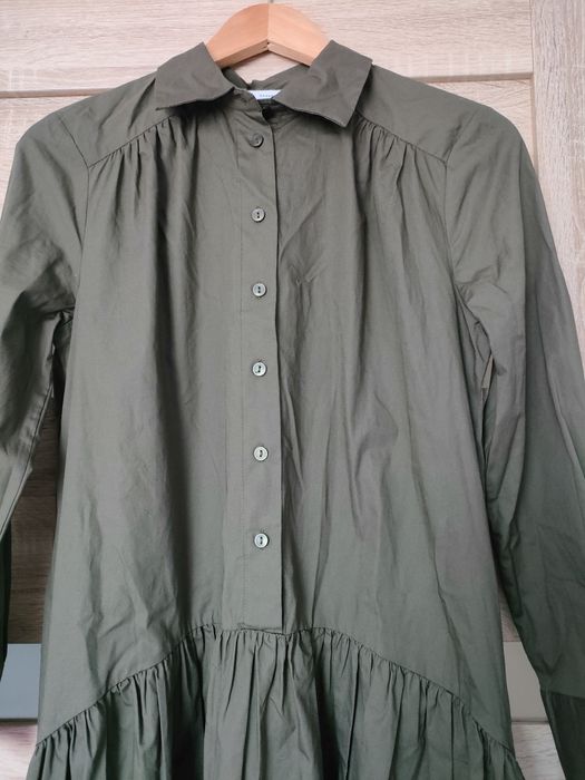 Długa sukienka bawełniana koszulowa rozkloszowana elegancka khaki 38