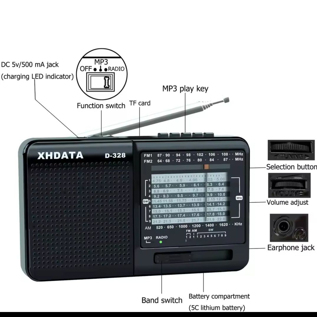Радіоприймач Xhdata D328 FM/AM/SW MP3, DSP чип, є УКВ