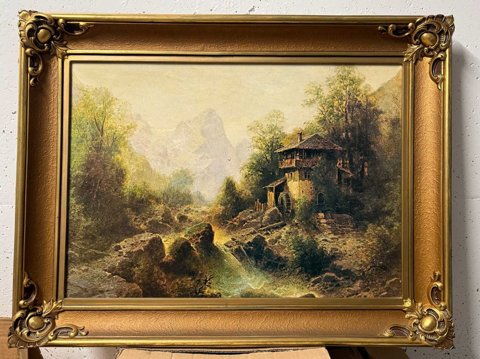 Wodospad górski – reprodukcja, obraz w złotej ramie, vintage PRL