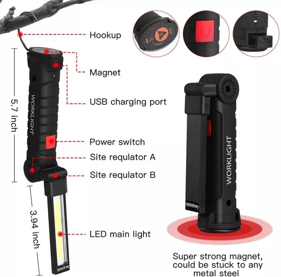 Акумуляторний ліхтар WORKLIGHT LED USB  на магнітних 360'