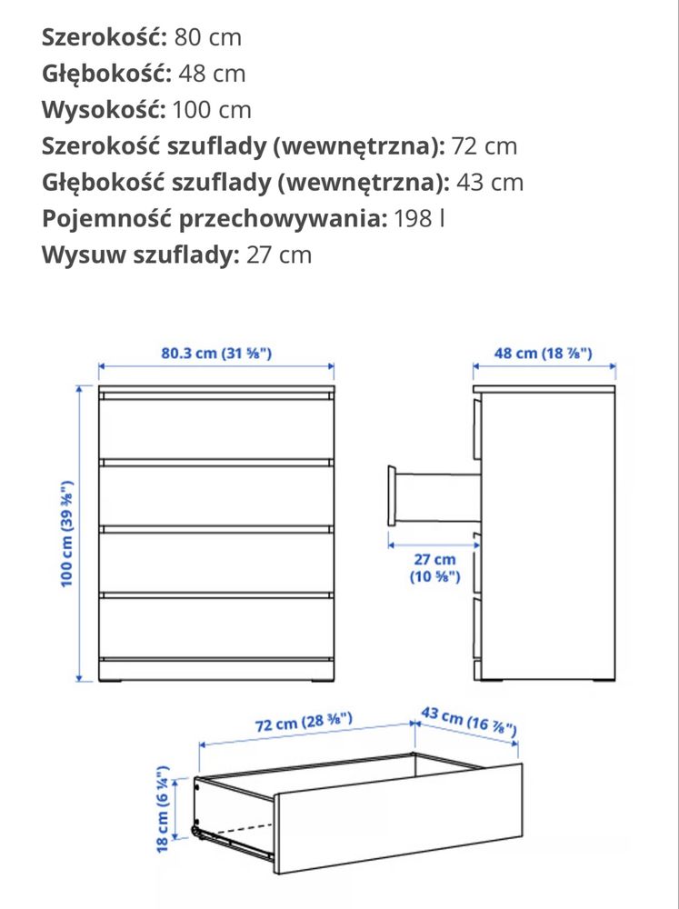 Komoda, 4 szuflady, biały, 80x100 cm