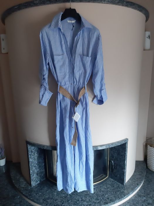 Sukienka Zara S długa koszula pasek len wiskoza Slim paski tkmaxx boho