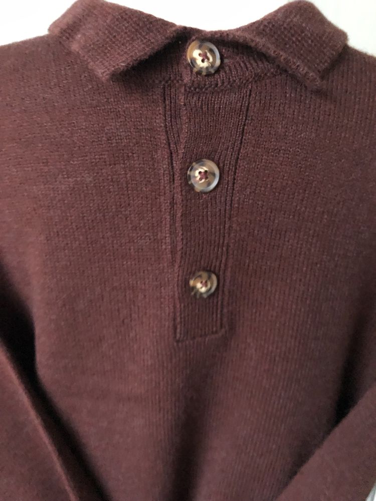 Gruby męski sweter brązowy polo z wełną L