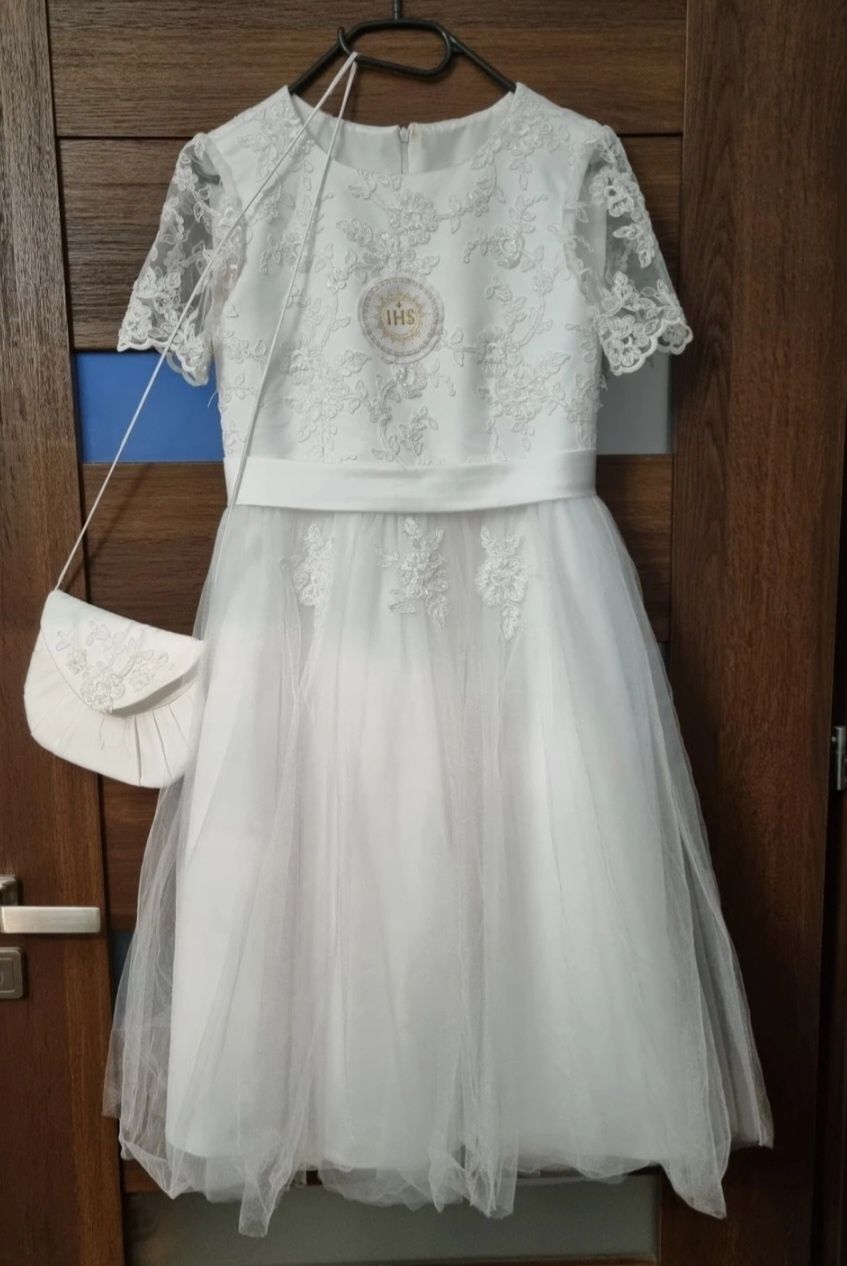 Suknia sukienka komunia pokomunijna biała koronka tiul 152 cm